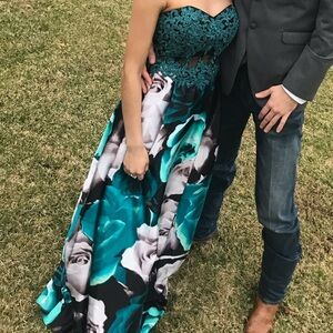 Teal Lace Bodice Floral Satin Dress